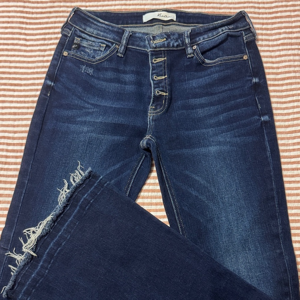 KanCan Women's Distressed Dark Blue Flare Jeans